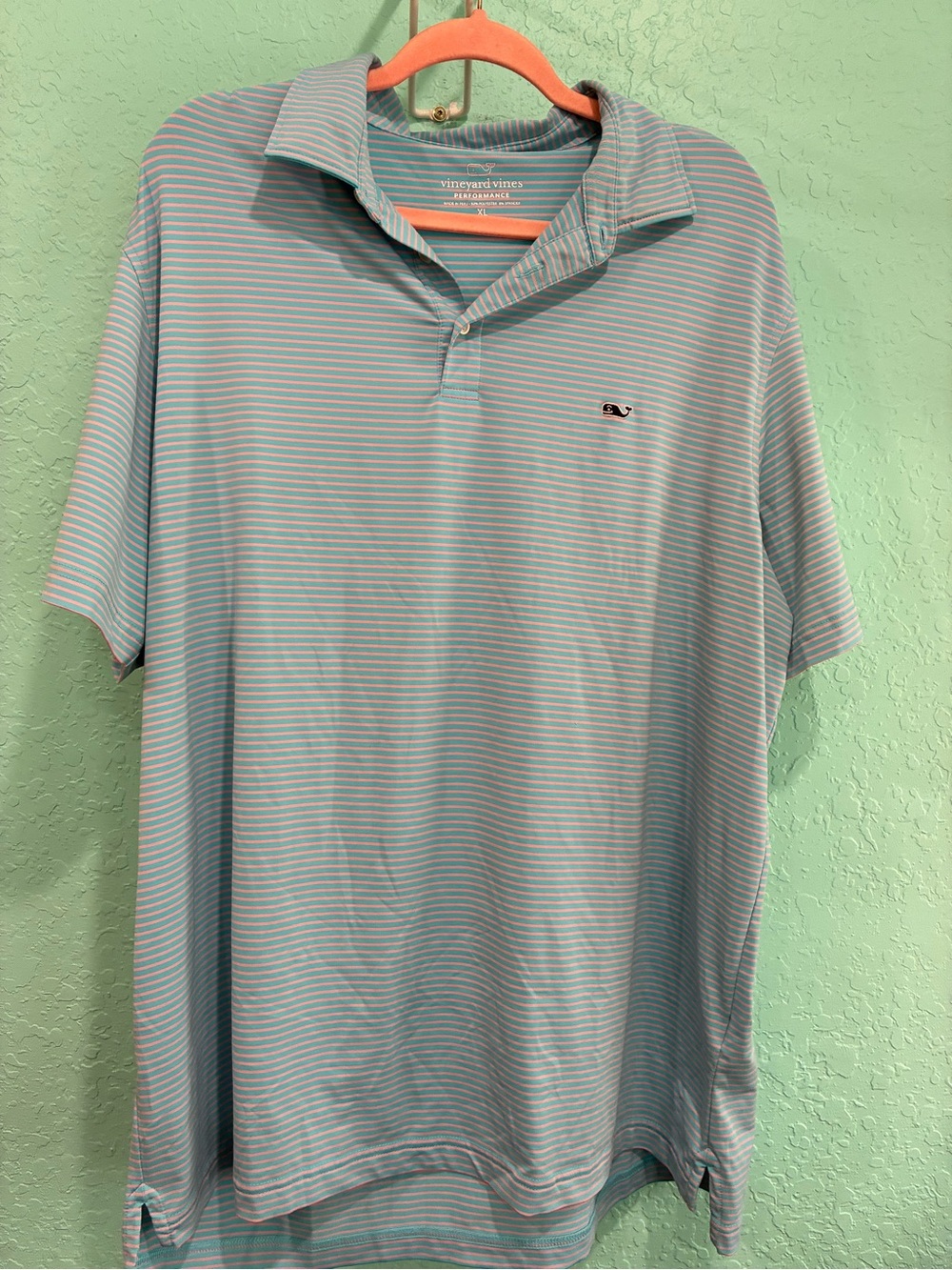 Vineyard Vines Light Blue pink Striped Polo Shirt XL performance golf preppy men